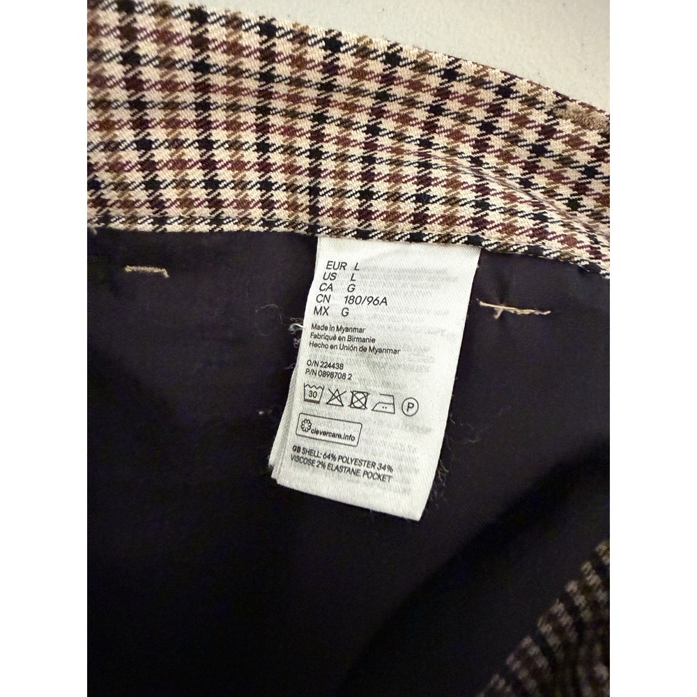 H&M Men's L Brown Black Beige Check Viscose Blend Slim Flat Front Dress Pants - Picture 6 of 7